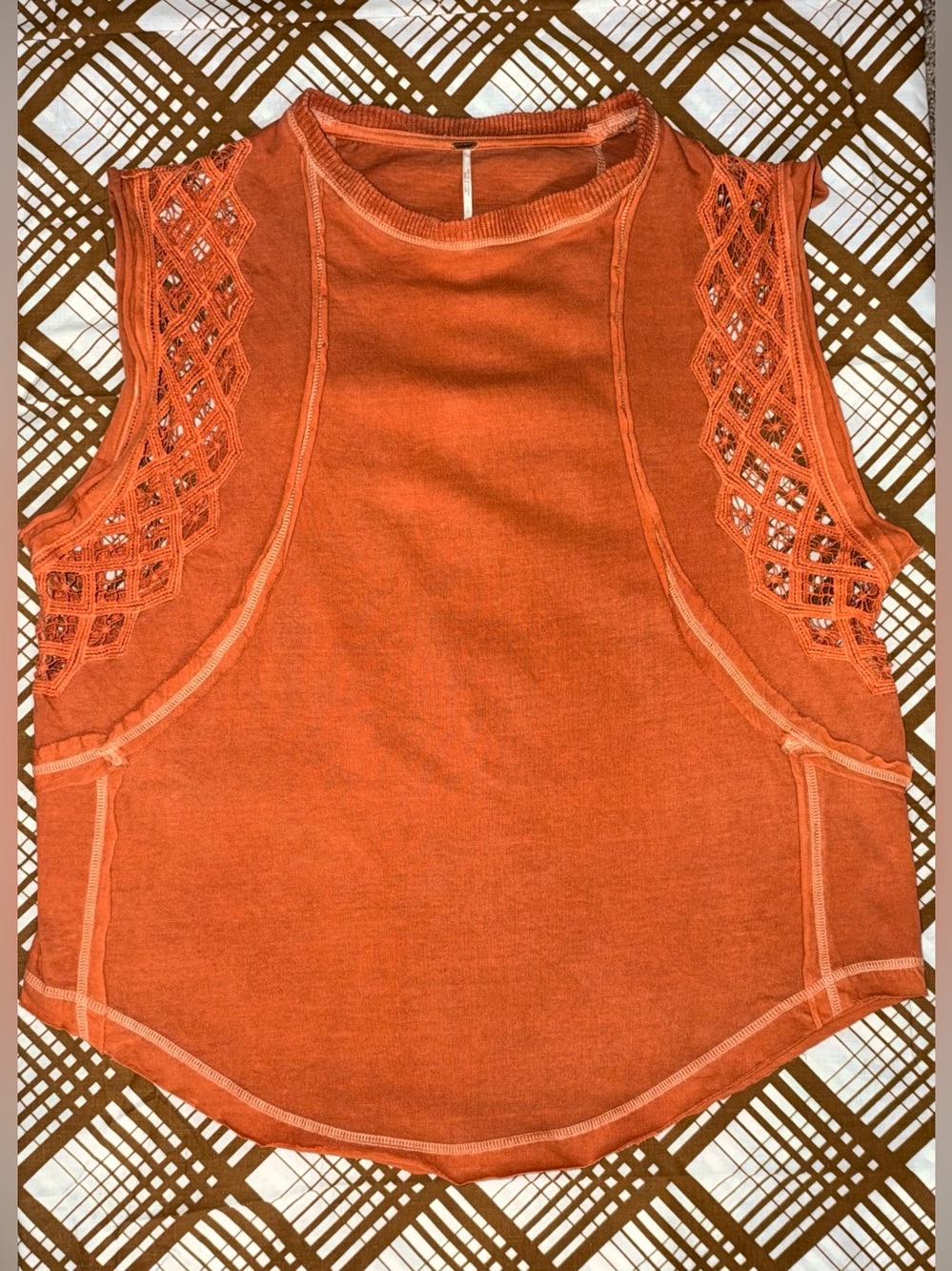 Free People Table For Two Tee Small Rust Orange Crochet Lace Oversized Top